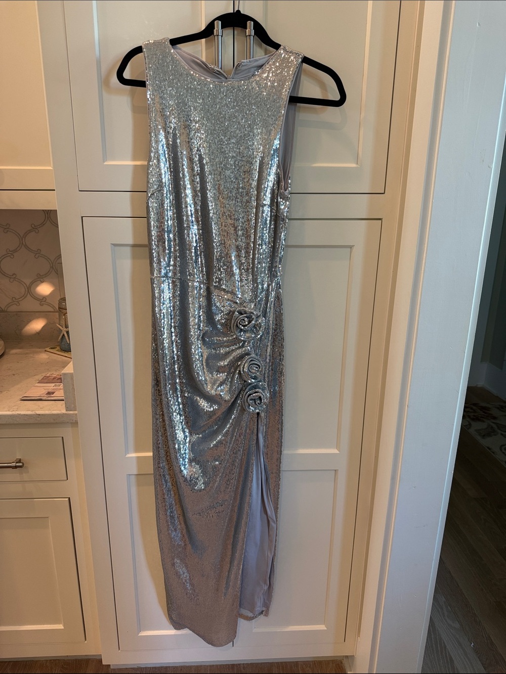 Avec Les Filles Silver Sequin Maxi Dress with Rosette Detail